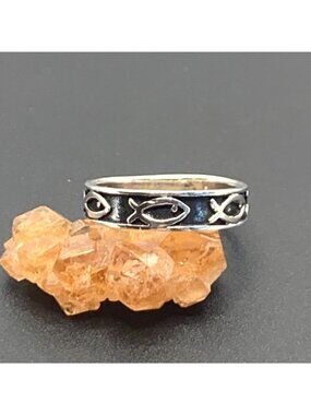Ichthys Fish Cigar Style Sterling Silver 925 Band w/ Oxidized Finish Ring Size 6